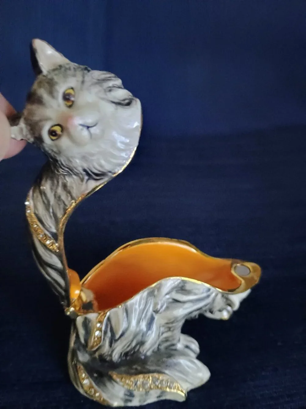 Grey Cat Jeweled Enameled Trinket Box